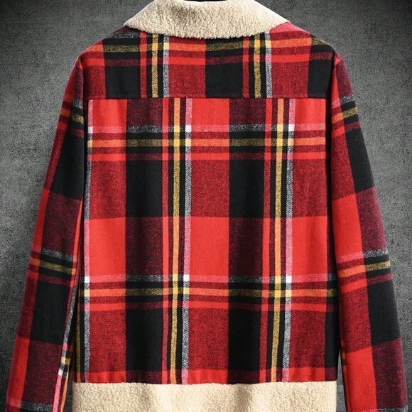 Red Casual Mens Plaid Print Borg Collar Teddy Lined Overcoat - Picture 2 of 5